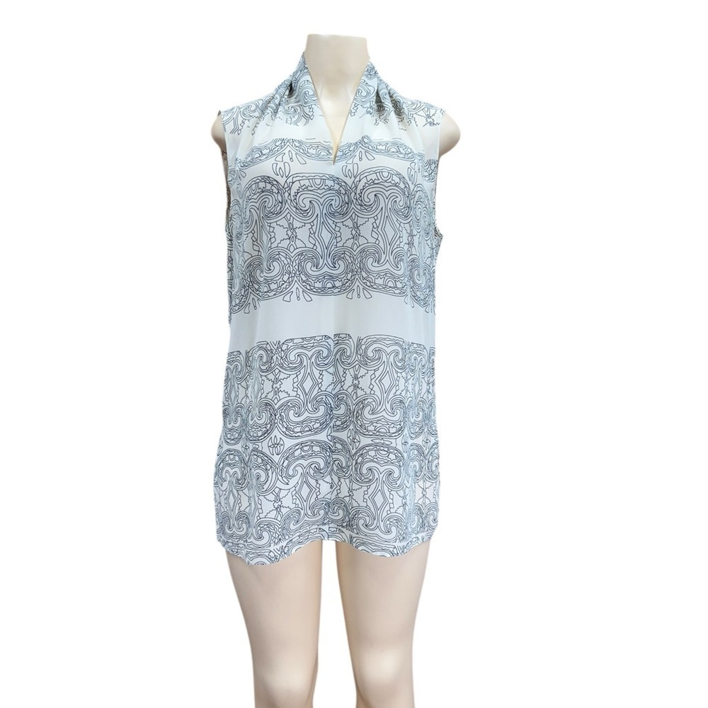 CAbi White and Gray Patterned Blouse